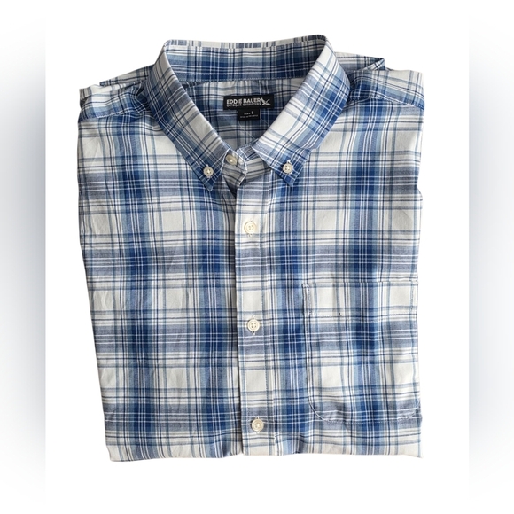 Eddie Bauer Blue and White Plaid Button Down Shirt Size Large - Picture 5 of 7